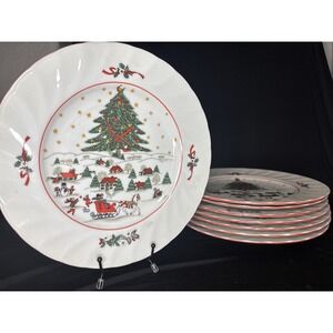 Vintage Kopin Christmas Pleasure Scalloped Porcelain Dinner Plate 10.5" Set Of 8